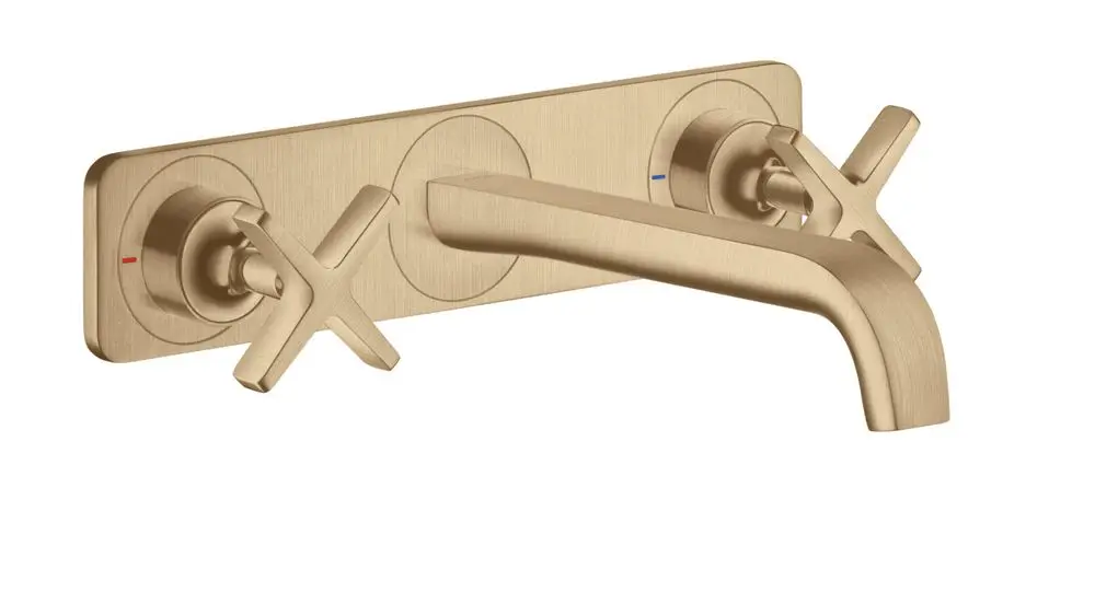 Waschtischarmatur in gebürstetem Bronze-Finish von AXOR mit zwei Kreuzgriffen und Auslauf, geeignet für die Wandmontage.